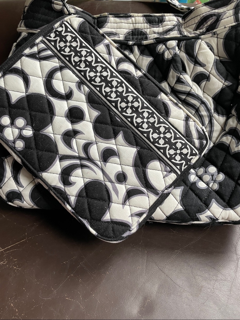 Vera Bradley Black & White Quilted Floral Shoulder Bag with Matching Pouch-